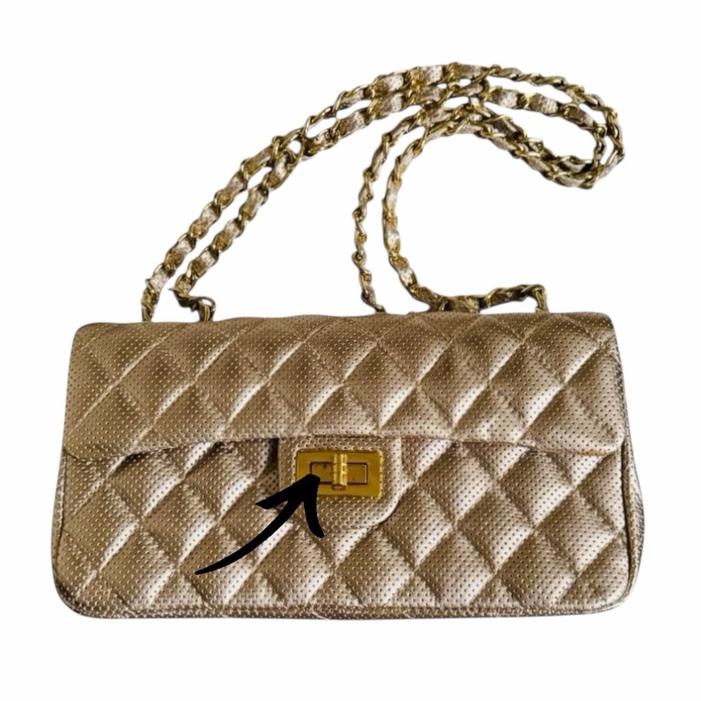 Ashneil Metallic Champagne Gold Quilted Perforated Flap Leather Shoulder Bag - Picture 10 of 11
